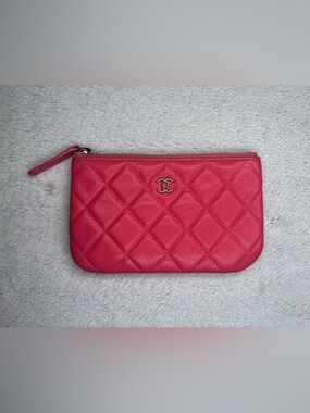 CHANEL Mini O Wallet Pink Caviar Bag Box & Dust Bag Zipper Pouch Auth Gold